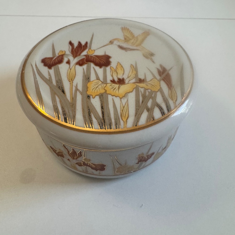 Action Japan Porcelain Trinket Box Hummingbird Iris Gold Trim Jewelry Dish 1980s